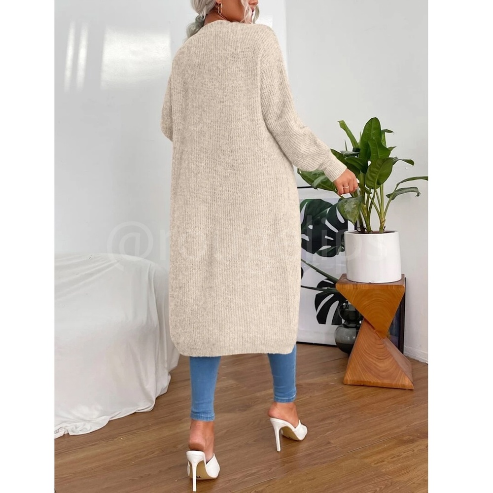 Oatmeal Beige Duster Cardigan Front Pockets Cable Knit Long Sleeve Midi Length - Picture 2 of 8